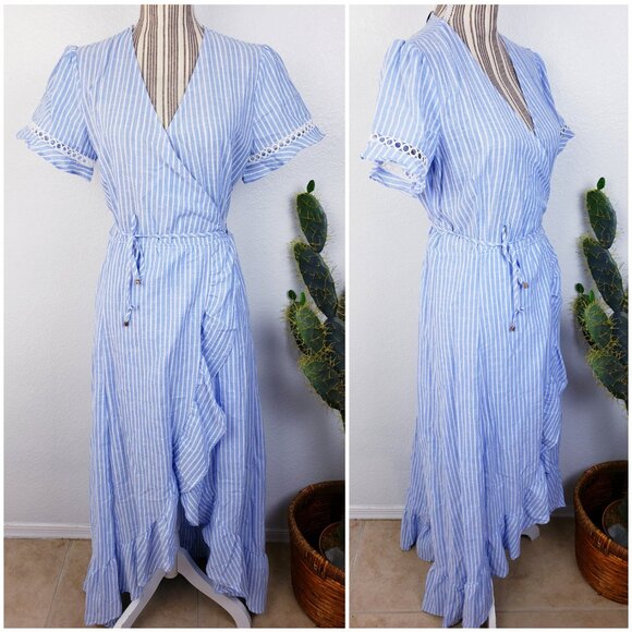 NWT Heartloom River Maxi Wrap Dress Stripe Cotton Ruffle Eyelet Sleeve sz L Blue - Picture 1 of 13